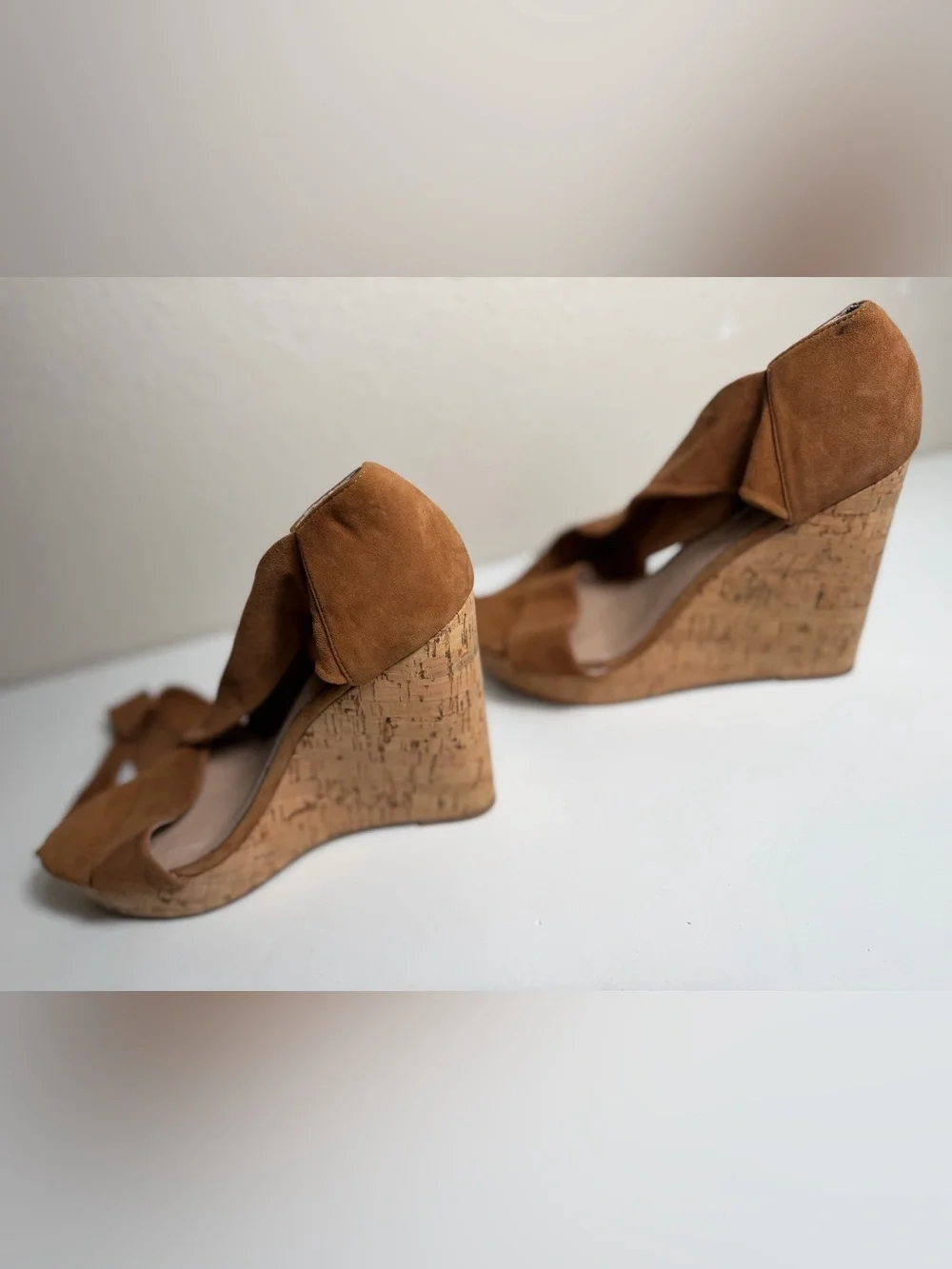 Saks Fifth Avenue~Cognac~Suede Leather Wrap~Cork~Wedge~Platform~Sandal~Size 9.5